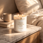 Load image into Gallery viewer, Tabor Olive candle next to a bed on a marble end table with a mug and book.