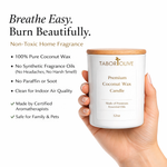 Load image into Gallery viewer, Tabor Olive candle held by a hand with product details on a white background