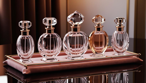 A set of luxury perfume bottles sittong on gold tray. 