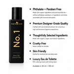 Load image into Gallery viewer, A black rectangular cologne bottle labeled Tabor Olive No. 1 Eau de Toilette stands on a white background next to a vertical list of product benefits in black text.
