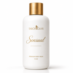 Load image into Gallery viewer, A 16 oz white and gold bottle of Tabor and Olive Sensual Premium Body Wash with a metallic gold cap and gold lettering, set against a clean white background.
