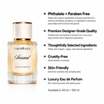 Load image into Gallery viewer, A clear ribbed glass perfume bottle with a gold cap and gold-toned liquid, shown on a white background beside a column of benefit text. The bottle label reads TABOR OLIVE Sensual Eau de Parfum.
