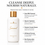 Load image into Gallery viewer, A white bottle of Tabor Olive Sensual Premium Body Wash with a metallic gold cap, shown on a white background with descriptive marketing text about goat milk, glycerin, and potassium cocooate cleanser.
