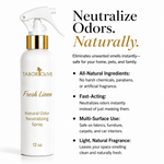 Load image into Gallery viewer, A white Tabor Olive Fresh Linen Natural Odor Neutralizing Spray bottle with a gold collar and white trigger sprayer, shown on a white background with benefit text on the right.
