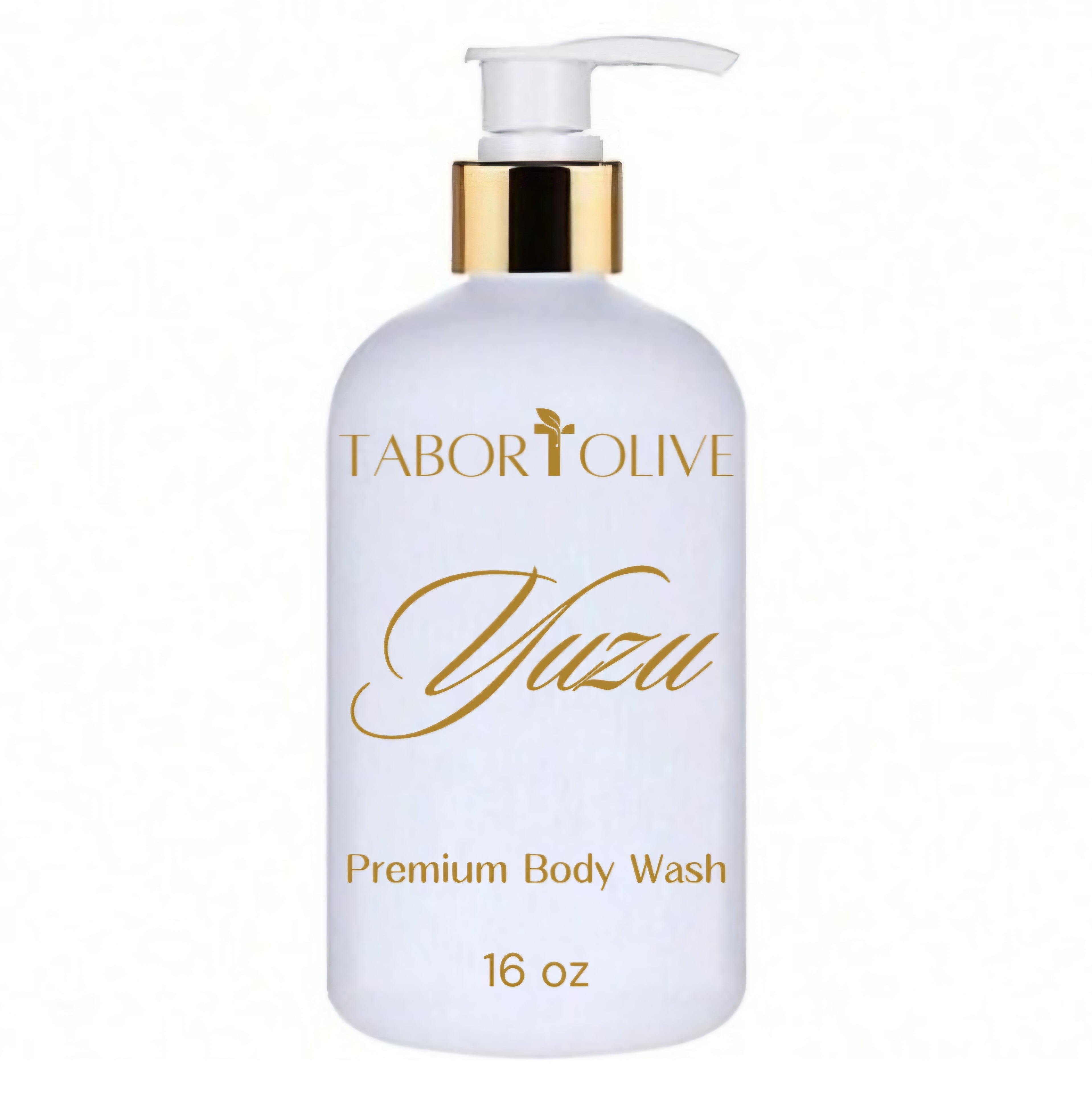 White soap bottle with gold dispenser. Gold text on the bottle that says "yuzu premium body wash 16oz"