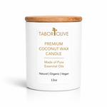 Load image into Gallery viewer, A white jar candle with a bamboo lid and a white label featuring gold and black text. The label reads 'TABOR OLIVE PREMIUM COCONUT WAX CANDLE'.
