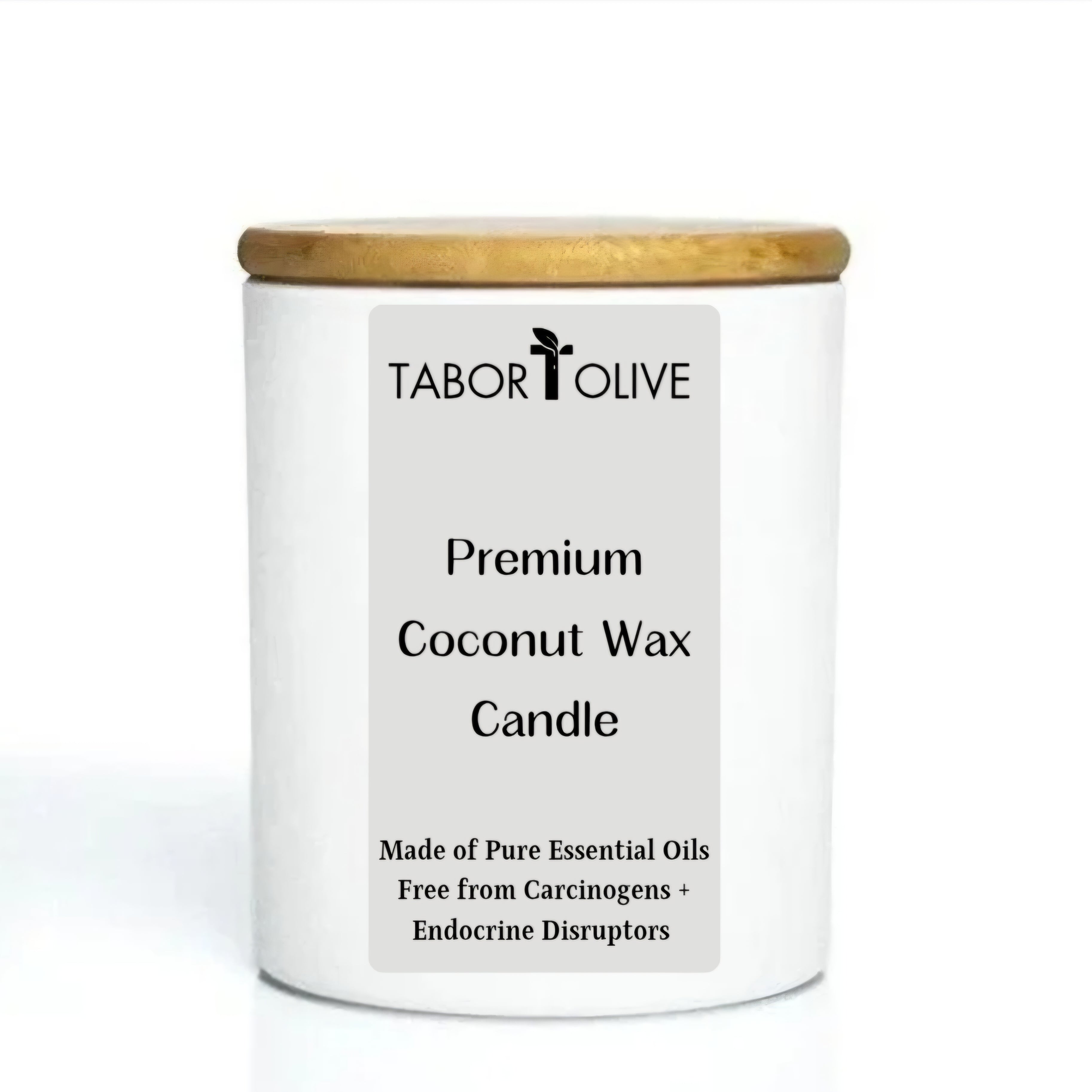 Picture of a white candle and bamboo lid that says "premium coconut wax candle made of pure essential oils free from Carcinogens and Endocrine Disruptors"