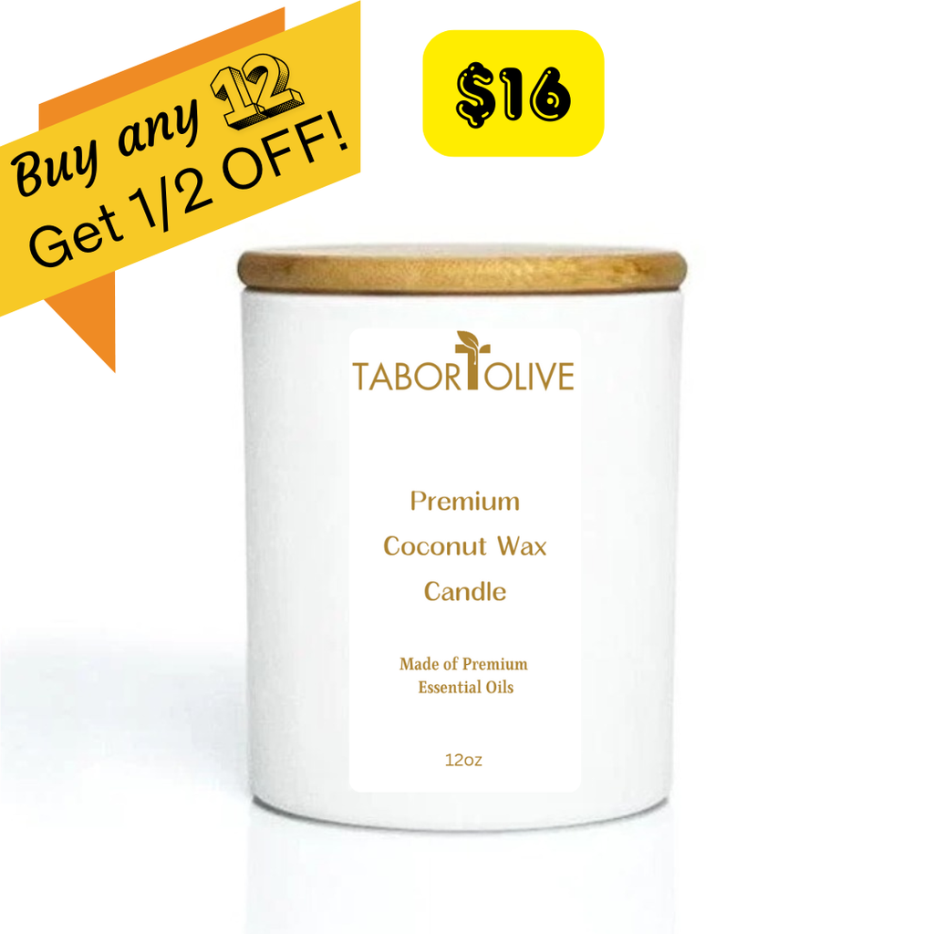 Tabor Olive premium coconut wax candle with a wooden lid on a white background, featuring a sale banner.