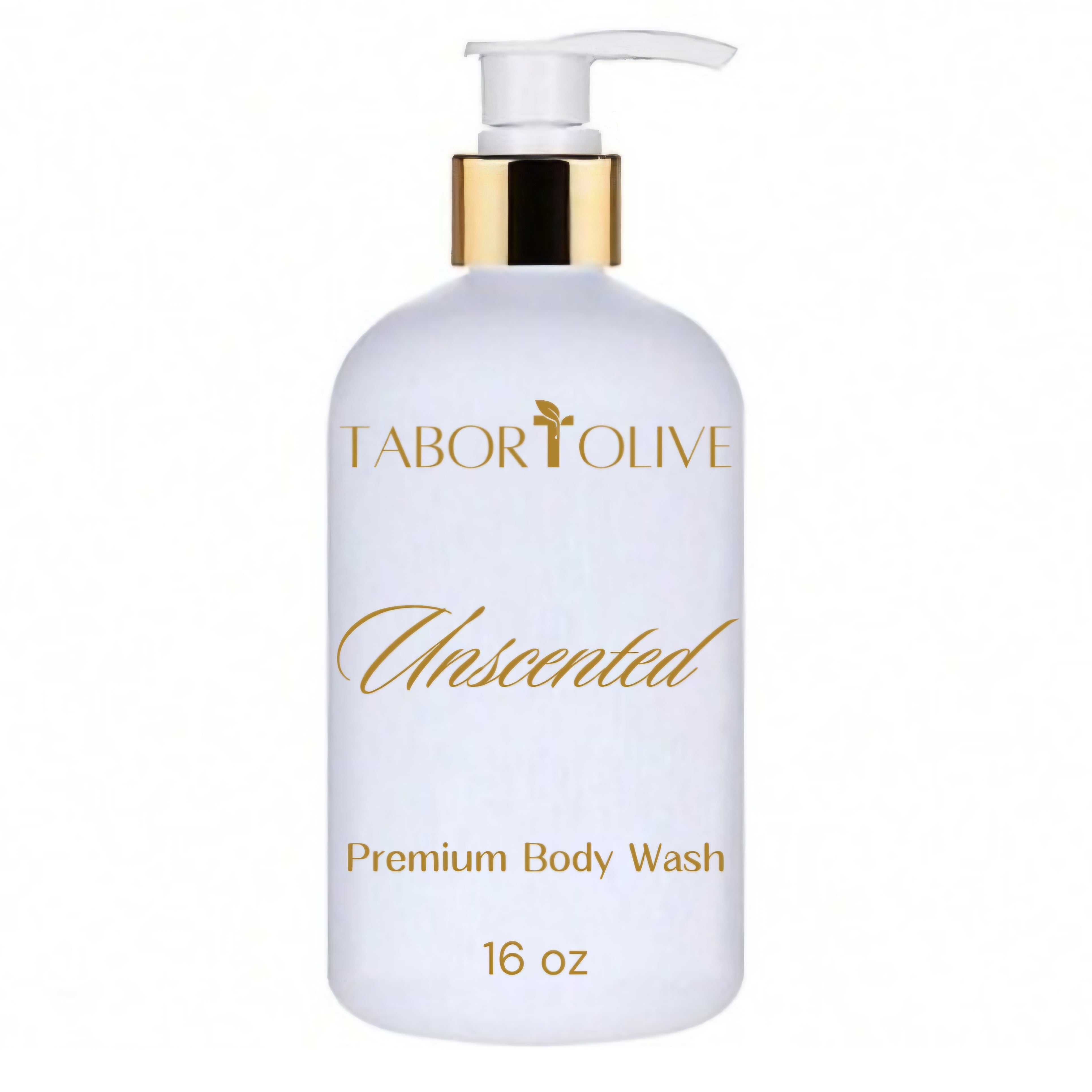 White soap bottle with gold dispenser. Gold text on the bottle that says "unscented premium body wash 16oz"