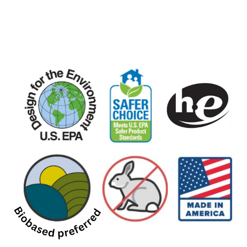 Picture of certifications displaying bio-based preferred, not tested on animals, high efficiency, united states EPA standard, made in america.