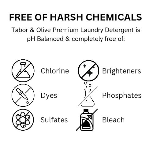 Picture of chemical-free icons displaying no dyes, no sulfates, no chlorine, no bleach, no phosphates, no brighteners. 