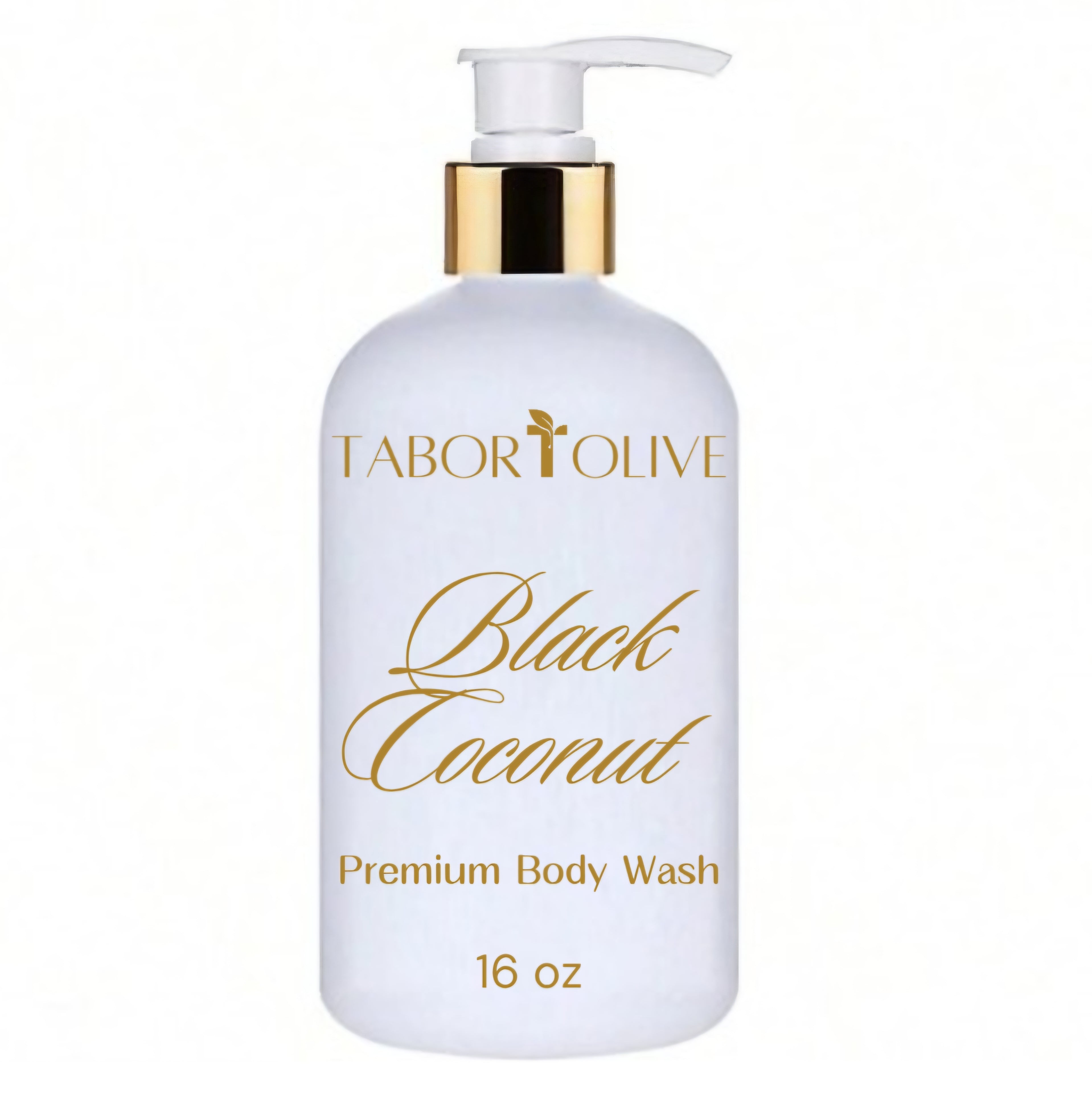 White soap bottle with gold dispenser. Gold text on the bottle that says "black coconut premium body wash 16oz"