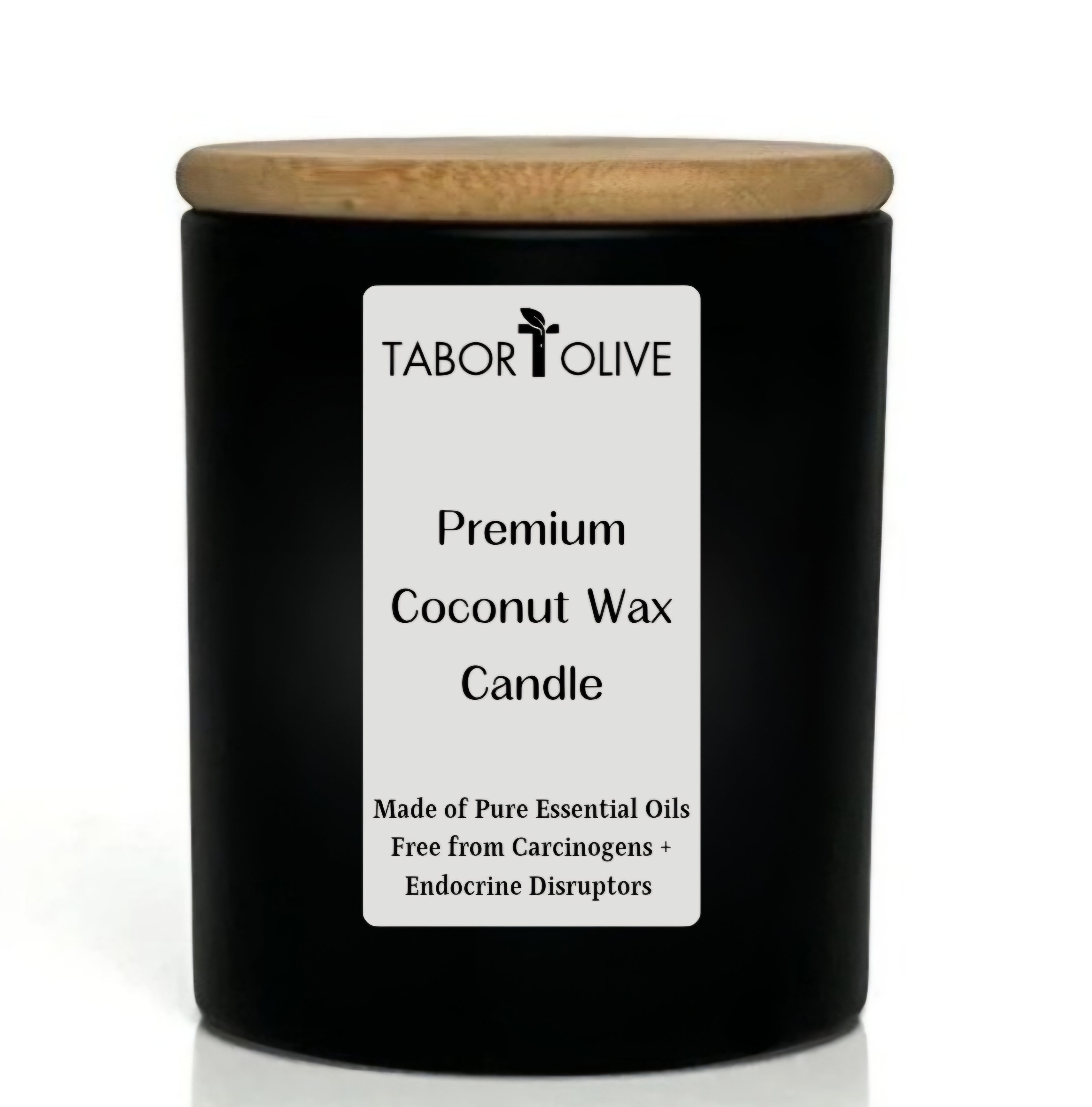 Picture of black candle with bamboo lid that says "premium coconut wax candle made of pure essential oils free from Carcinogens and Endocrine Disruptors"