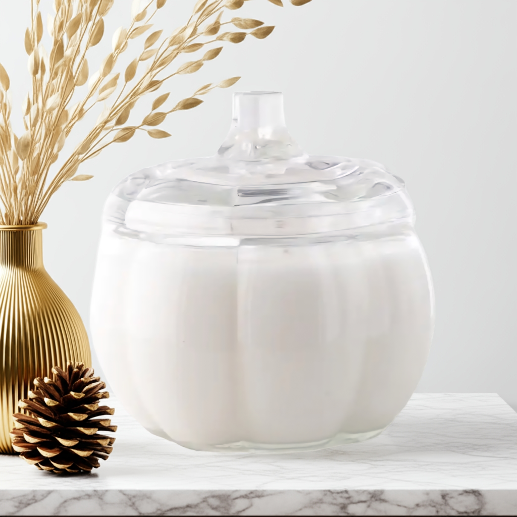 Decorative scene with a white pumpkin jar, gold vase, and decorative pinecones on a marble surface.