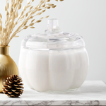 Load image into Gallery viewer, Decorative scene with a white pumpkin jar, gold vase, and decorative pinecones on a marble surface.
