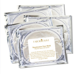 Picture of 5 face mask packages with white label and gold text that says, "Renaissance Face Mask. Placenta stemcell actives."