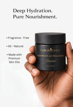 Load image into Gallery viewer, Hand Holding beard wave balm with benefit text on a white background
