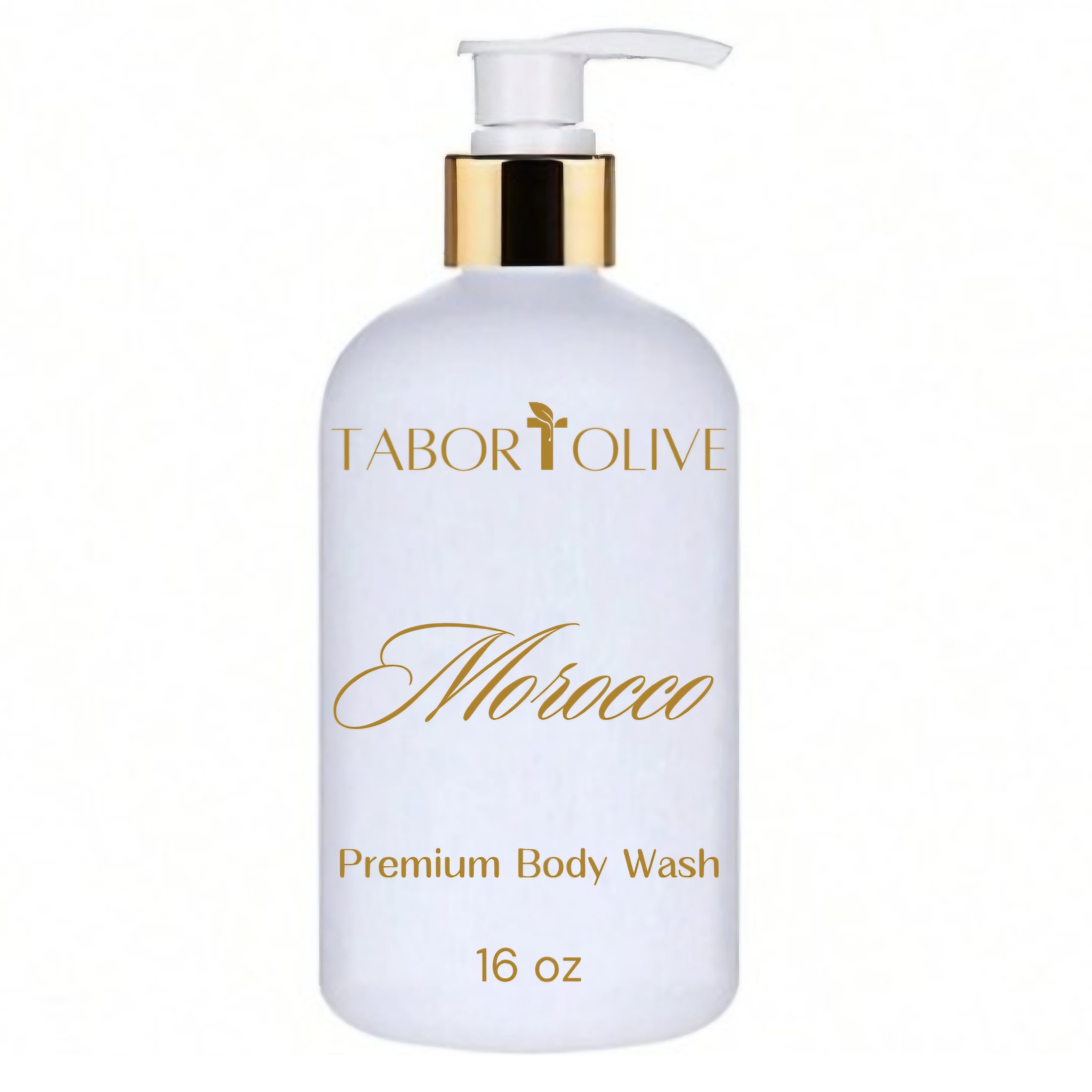 White soap bottle with gold dispenser. Gold text on the bottle that says, "Morocco premium body wash 16oz"