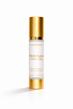 Load image into Gallery viewer, Skincare bottle labeled 'Hydra Luxe Velvet Face' with gold cap and white body on a white background.
