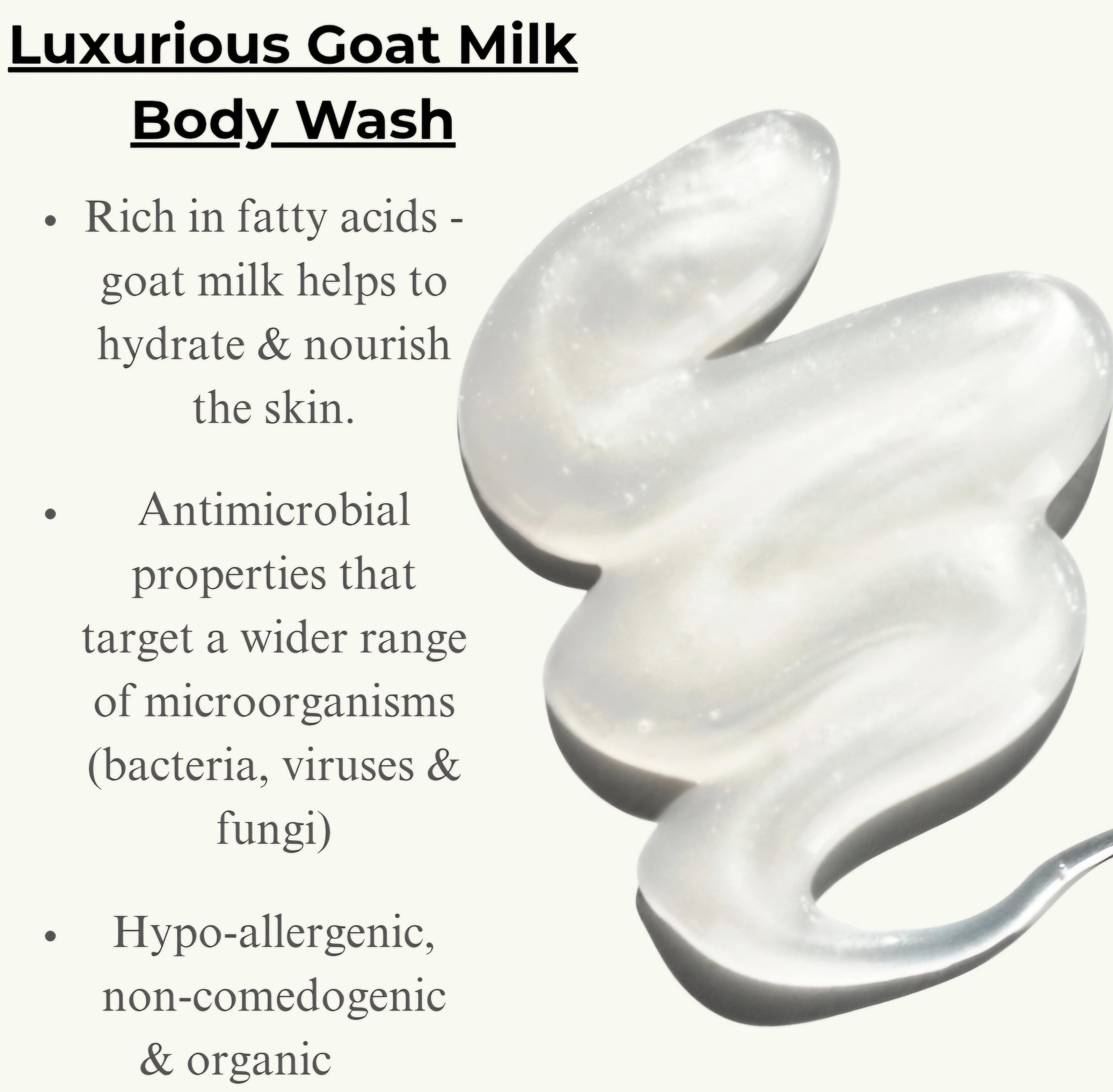Luxurious goat milk body wash with text highlighting benefits on a white background