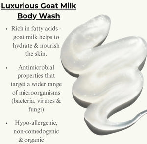 Luxurious goat milk body wash with text highlighting benefits on a white background