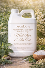 Load image into Gallery viewer, Tabor Olive Wood Sage &amp; Sea Salt hand soap bottle with natural elements in the background
