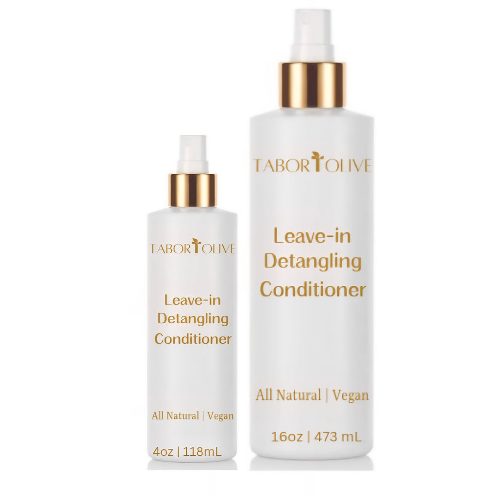 Set of 2 white and gold leave-in hair conditioner bottles